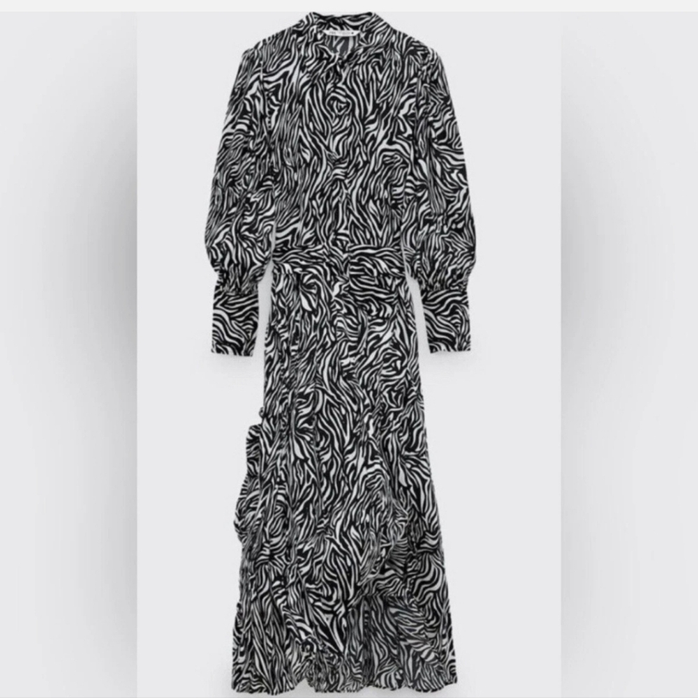 Zara New Zebra Print Long Sleeve Dress With Belt.